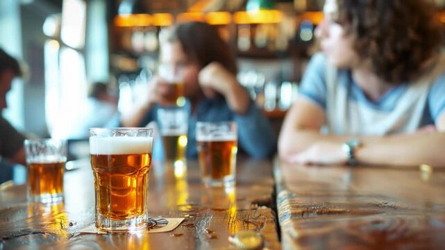 A group of friends enjoying refreshments at a bar, socializing and spending time together.Perfect for advertising breweries, cafes and restaurants,