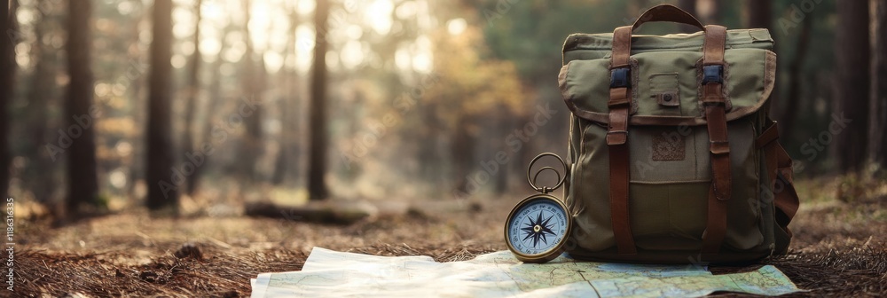 Aufkleber Exploring the wilderness with a backpack, compass, and map in a serene forest setting. Generative AI