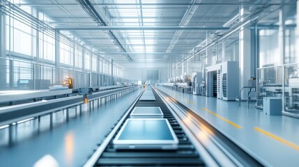 Modern factory interior with automated conveyor belt and electronic devices production