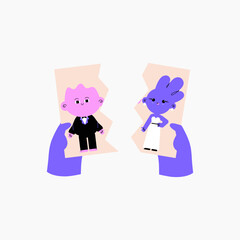 Torn wedding photo depicting a broken relationship, ideal for themes of divorce, separation, and relationship struggles, flat vector illustration, isolated on white background