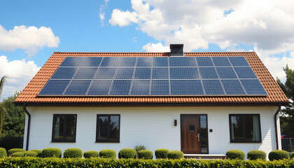 Naklejka premium Solar panels on the gable roof of a modern house, pop art, with white tones