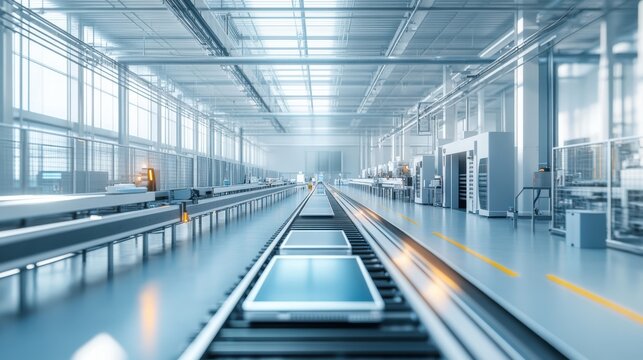 Modern factory interior with automated conveyor belt and electronic devices production