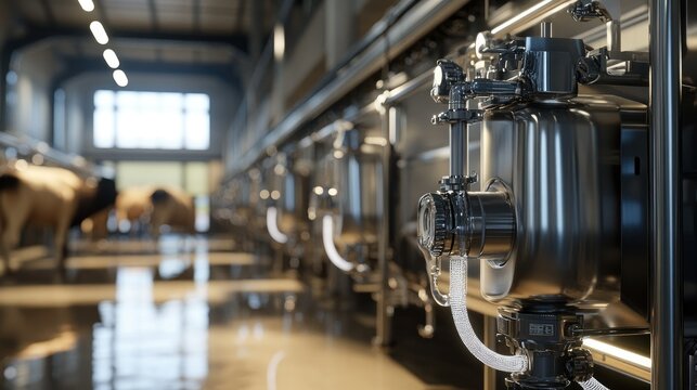 Modern dairy farm milk processing equipment.