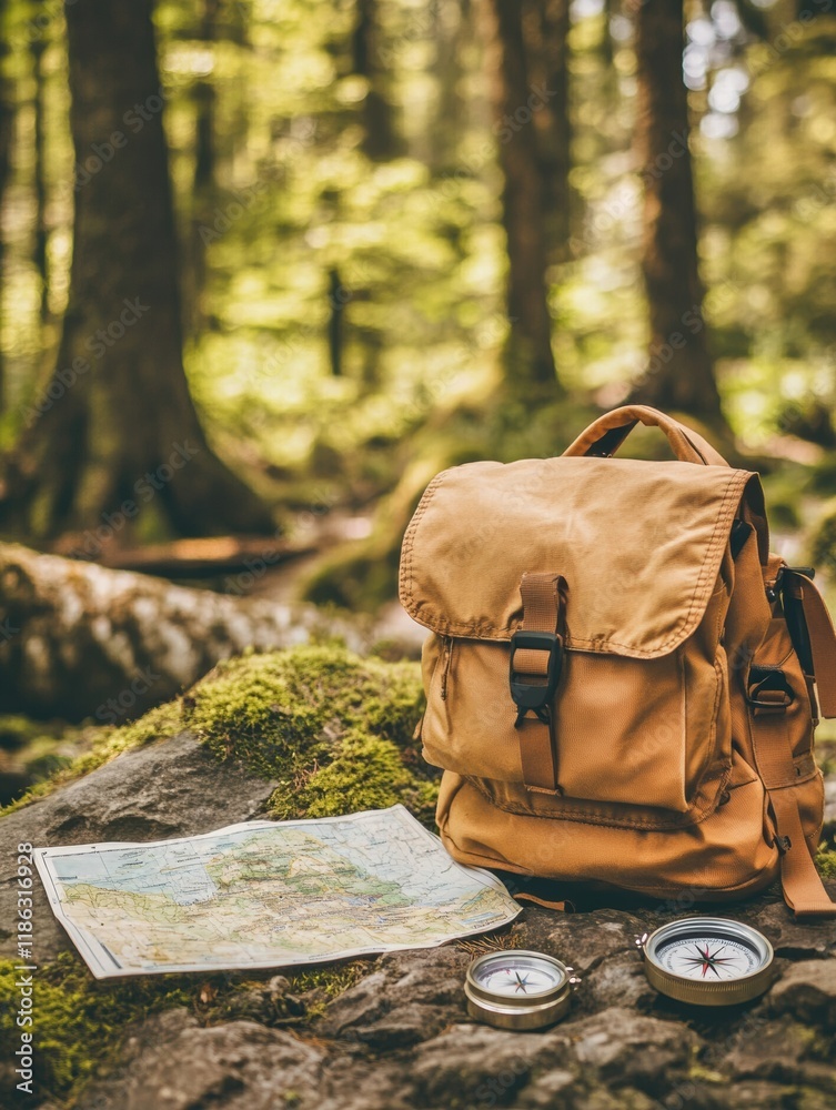 Aufkleber Exploring nature with a backpack compass and map surrounded by a lush forest landscape. Generative AI