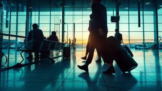 Silhouettes of passengers at the airport against the background of sunset, creating an atmosphere of expectation and anticipation of travel. for articles about tourism and air travel.