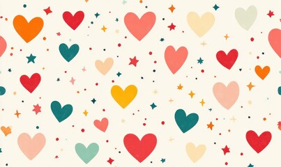 Seamless pattern of colorful hearts and stars with cheerful design elements