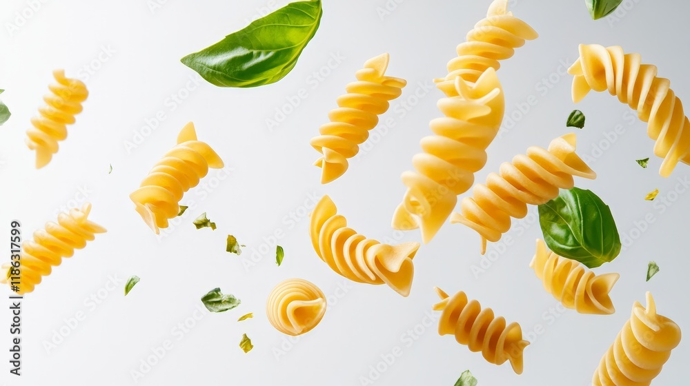 Poster Several pieces of fusilli pasta and basil leaves are levitating on a white background, creating a dynamic and appetizing scene perfect for food related projects