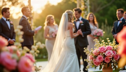 Bride, groom exchange vows outdoors in sunny garden setting. Beautiful flowers, luxurious decor enhance romantic atmosphere. Guests look on as couple celebrate wedding. Venue perfect place for