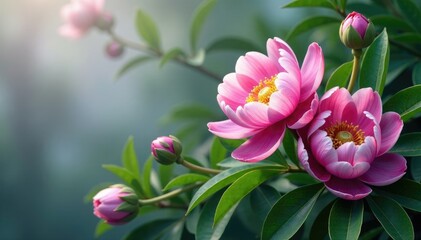 Obraz premium Delicate violet pink peony blooms on lush green leaves, foliage, blossom, greenery