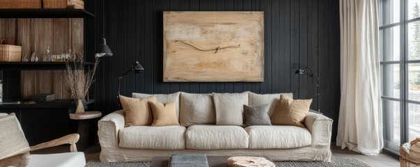 Farmhouse, country style home interior design of modern living room. Rustic style living area with beige sofa, black wall paneling, and organic wood artwork for a warm