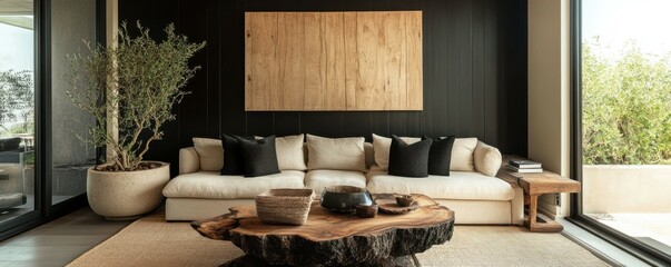 Farmhouse, country style home interior design of modern living room. Rustic style living area with beige sofa, black wall paneling, and organic wood artwork for a warm