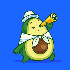 A cheerful avocado character wearing a white hat and scarf, looking through a telescope on a bright blue background.