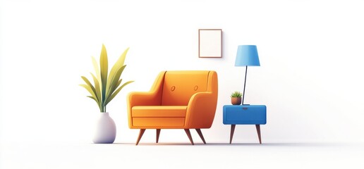 Minimalist interior design with retro furniture and vibrant colors