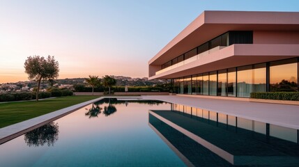 Fototapeta premium Modern luxury villa with infinity pool at sunset featuring panoramic views