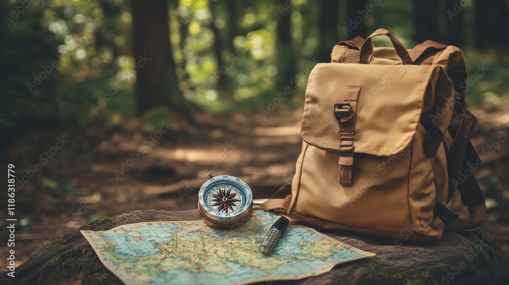 Aufkleber exploring the forest with a backpack, compass, and map on a wooden surface in bright natural light. 