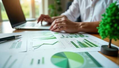 Person analyzes eco-friendly construction project data. Civil engineer reviews graphs, charts about carbon footprint. Laptop, papers show calculations for sustainable development project. Graphs