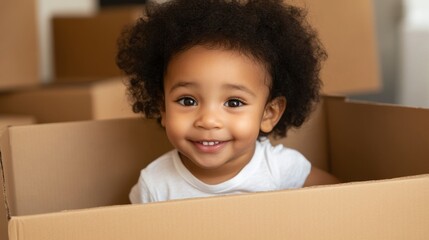 Fototapeta premium Smiling african child playing inside cardboard box at home
