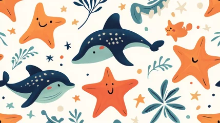 Seamless pattern with cute dolphins, starfish, and seaweed. Cartoon underwater world for kids.