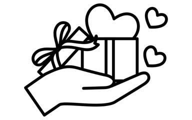 ハートの詰まったプレゼントを渡す手、シンプルでかわいい白黒のバレンタインアイコン