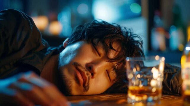  a man, tired after a party, resting on a table with a glass of whiskey. suitable for illustrating articles about the consequences of excessive alcohol consumption, for advertising hangover remedies