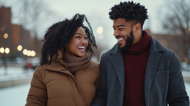 Propose Day African american young couple smiling outdoors in winter