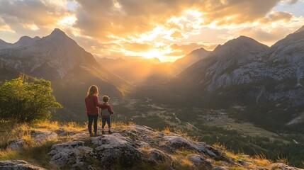 Obraz premium Mother and Son Watching Sunset Mountain Valley View