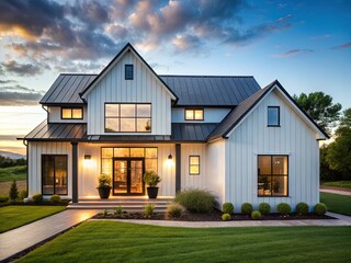 Modern Farmhouse Exterior: White Walls, Black Roof, Large Windows - Minimalist Stock Photo
