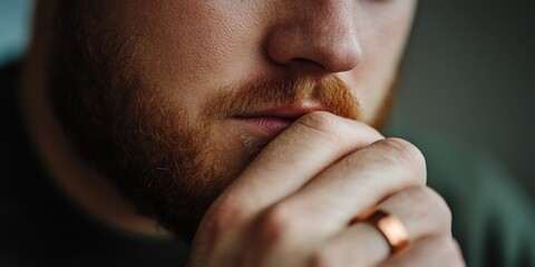Contemplative young caucasian male with red beard in thoughtful pose