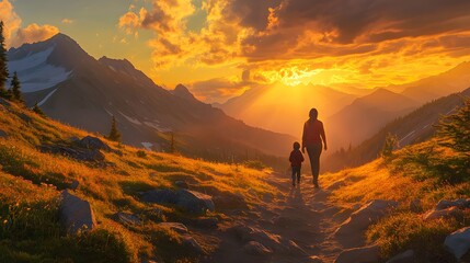 Fototapeta premium Mother and Child Hike Mountain Sunset Landscape