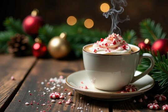 Festive holiday centerpiece featuring a steaming cup of peppermint mocha coffee on a rustic wooden table, holiday, festive, cup
