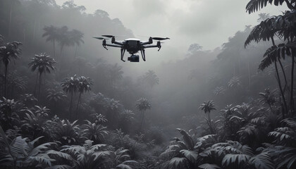 Fototapeta premium Drone and Indigenous Robot: Monitoring Tropical Forest Growth and Planting Trees