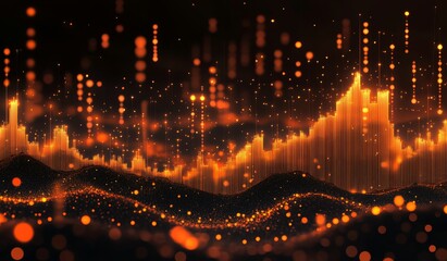 Glowing orange digital landscape with data visualization.