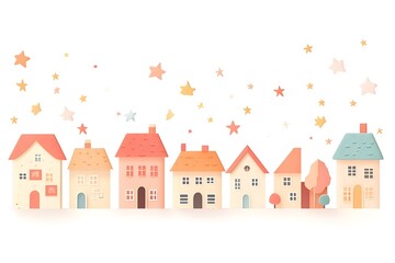Fototapeta premium Charming Paper House Silhouettes with Pastel Colors and Twinkling Stars on White Background
