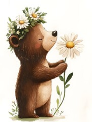 Naklejka premium Cute Bear Holding and Smelling an Oversized Daisy Flower with a Wreath Crown