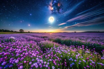 Obraz premium Night Bloom: Hundreds of Delicate Purple Wildflowers Swaying in the Wind, Illuminated by Moonlight