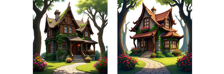 Obraz premium Set of A whimsical story book inspired wooden house isolated on transparent background