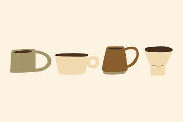 Hand Drawn Set Greek Organic Ceramic Aesthetic Clay Mugs. Pottery Shape Silhouette Collection Decor Elements. Vector Illustration