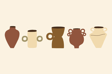 Hand Drawn Set Greek Organic Ceramic Aesthetic Vases. Pottery Shape Silhouette Collection Decor Elements. Vector Illustration