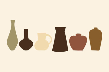 Hand Drawn Set Greek Organic Ceramic Simple Vases Silhouette. Minimalist Shape Collection Decor Elements. Vector Illustration