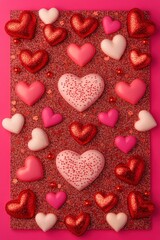 A delightful array of hearts adorns a rich chocolate piece, set against a charming pink backdrop, evoking love and sweetness this Valentine's Day.