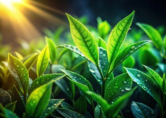 Night Dew on Green Tea Leaves - Illuminated Transparent PNG Stock Photo