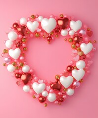 Obraz premium A charming heart-shaped balloon wreath bursts with vibrant colors, symbolizing love and joy, perfect for celebrating Valentine's Day moments.