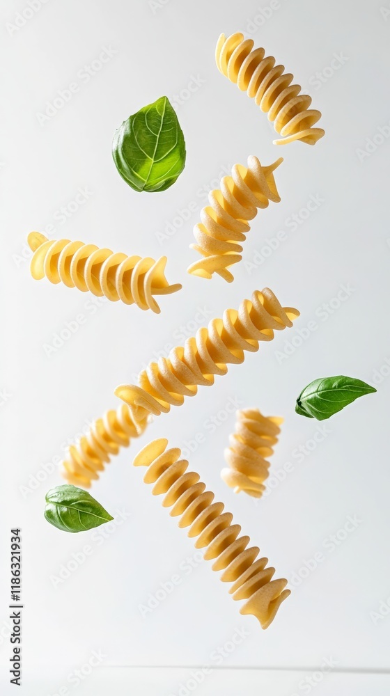 Aufkleber several pieces of fusilli pasta and basil leaves are levitating against a minimalist white backgroun