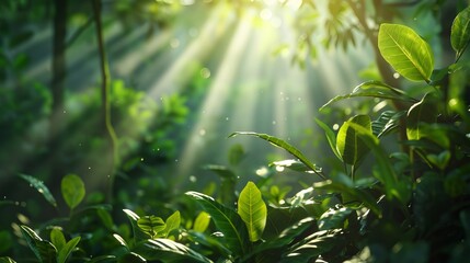 Obraz premium A serene view of lush green foliage with sunlight filtering through the trees, creating a peaceful and vibrant atmosphere in nature.