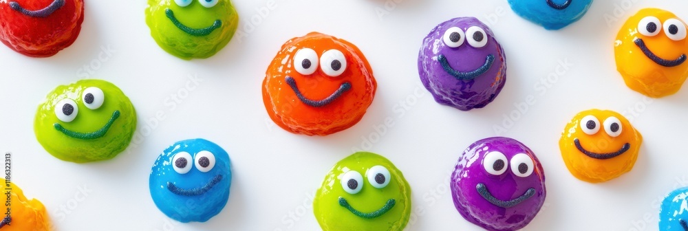 Poster Cheerful microbes with eyes and smiles displayed in bright colors on a white background promoting fun and positivity in science. Generative AI