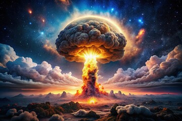Nighttime Atomic Bomb Explosion: Shockwave and Mushroom Cloud Rising