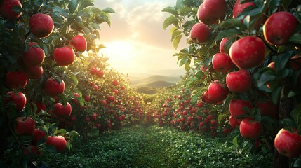 Lush apple orchard at sunset, ripe red apples on branches.