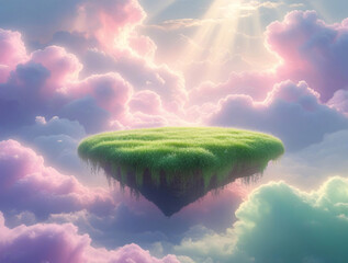 Magical Dreamscape: A Floating Island Surrounded by Glowing Pastel Clouds