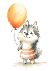Fototapeta premium Cute Siberian Husky Holding Balloon in Striped Dress for Birthday Card