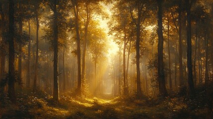 Obraz premium Sunlit forest path, golden light, tranquil scene.